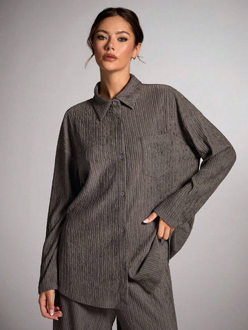 BAE Women Plain Long Sleeve Button Front Casual Shirt