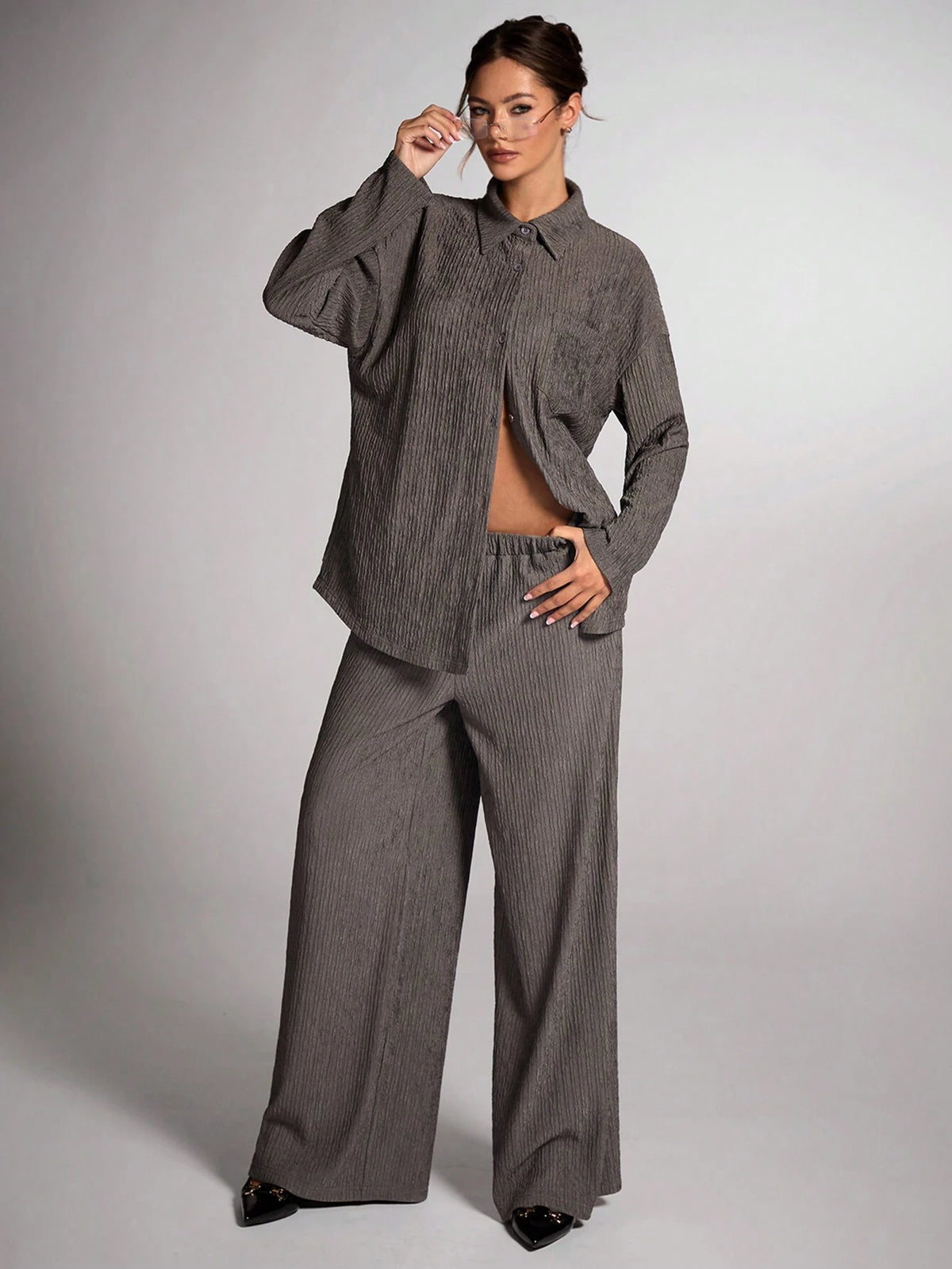 BAE Women Plain Long Sleeve Button Front Casual Shirt