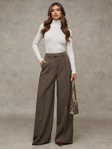 BAE Women Plain Woven Fabric Pockets Straight Leg Pants, Casual Daily Wear, Office, Work, Vintage Style Wide Leg Trousers, Business Casual, Fall Clothing