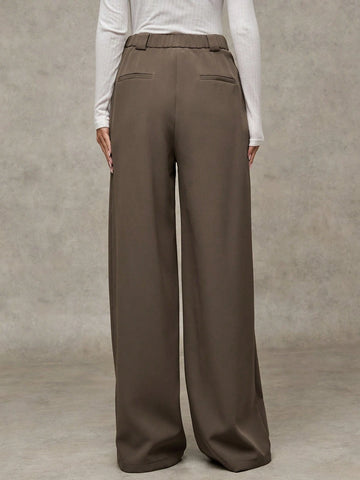 BAE Women Plain Woven Fabric Pockets Straight Leg Pants, Casual Daily Wear, Office, Work, Vintage Style Wide Leg Trousers, Business Casual, Fall Clothing