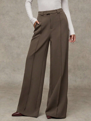BAE Women Plain Woven Fabric Pockets Straight Leg Pants, Casual Daily Wear, Office, Work, Vintage Style Wide Leg Trousers, Business Casual, Fall Clothing