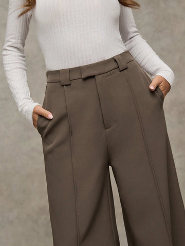 BAE Women Plain Woven Fabric Pockets Straight Leg Pants, Casual Daily Wear, Office, Work, Vintage Style Wide Leg Trousers, Business Casual, Fall Clothing