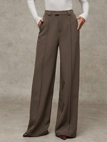 BAE Women Plain Woven Fabric Pockets Straight Leg Pants, Casual Daily Wear, Office, Work, Vintage Style Wide Leg Trousers, Business Casual, Fall Clothing