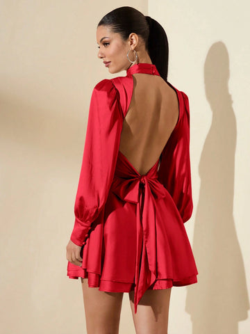 Women Satin High Collar Front Slit Ruffled A-Line Back Bow-Tie Satin Mini Party Dress