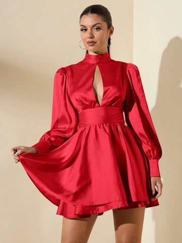 Women Satin High Collar Front Slit Ruffled A-Line Back Bow-Tie Satin Mini Party Dress