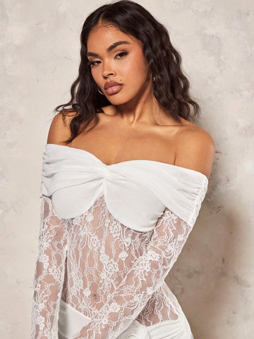 BAE Women Sexy Elegant Long Ribbon White Lace Mesh Off Shoulder 3d Flower Solid Dress For Valentine's Day