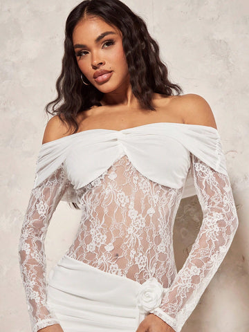 BAE Women Sexy Elegant Long Ribbon White Lace Mesh Off Shoulder 3d Flower Solid Dress For Valentine's Day