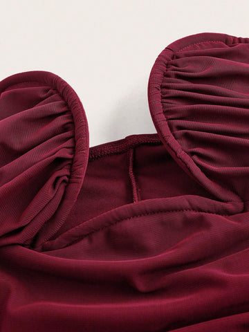 Women Solid Color Ruched Bodycon Strapless Dress