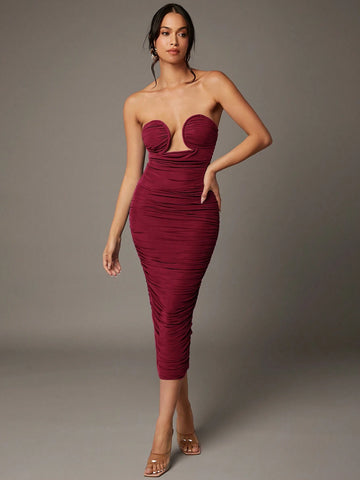 Women Solid Color Ruched Bodycon Strapless Dress