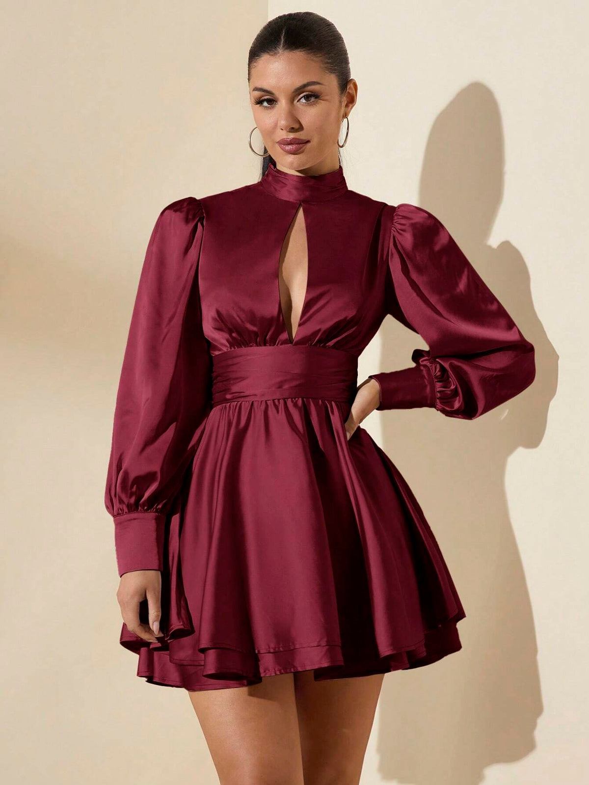 Women Solid Color Satin Mini Party Dress With Stand Collar, Front Slit, Ruched A-Line Hem, Backless Bowknot Tie Cuffs, Long Sleeve, Suitable For Date Night