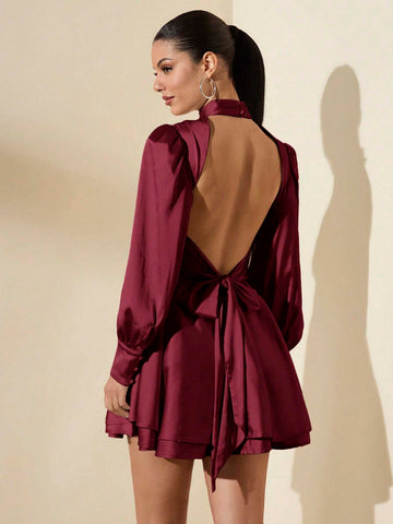Women Solid Color Satin Mini Party Dress With Stand Collar, Front Slit, Ruched A-Line Hem, Backless Bowknot Tie Cuffs, Long Sleeve, Suitable For Date Night