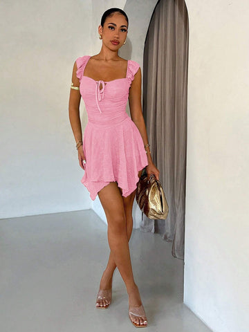Women Solid Color Spaghetti Strap Lace Asymmetrical Hem Romantic Dress For Graduation