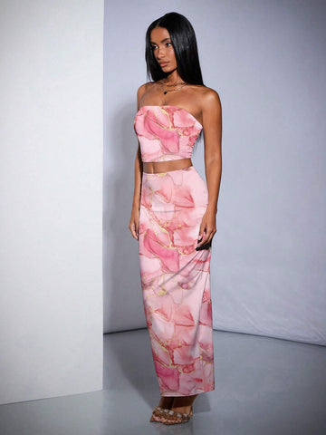 Women Summer Marble Printed Crop Top And Long Slim Skirt Elegant Two-Piece Set