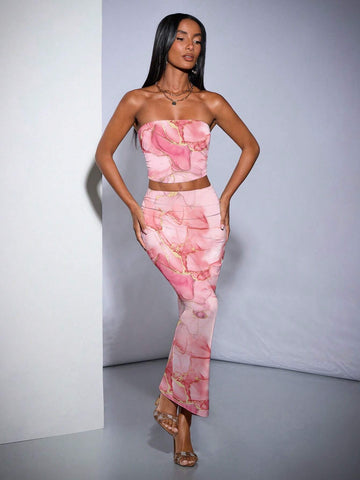 Women Summer Marble Printed Crop Top And Long Slim Skirt Elegant Two-Piece Set