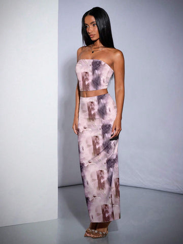 Women Summer Tie-Dye Printed Crop Top And Long Midi Skirt Elegant Slim-Fit 2-Piece Set