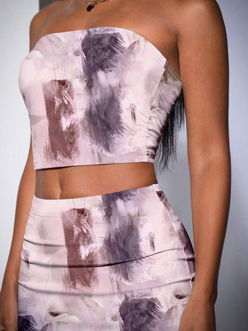 Women Summer Tie-Dye Printed Crop Top And Long Midi Skirt Elegant Slim-Fit 2-Piece Set