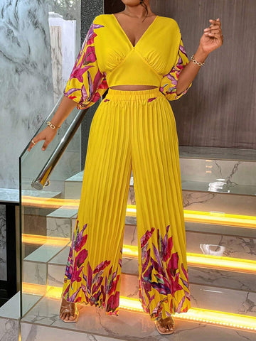 Women Vacation Style Floral Print Pleated Two-Piece Set