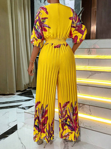 Women Vacation Style Floral Print Pleated Two-Piece Set