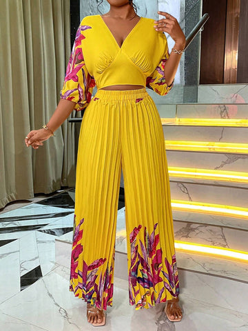 Women Vacation Style Floral Print Pleated Two-Piece Set
