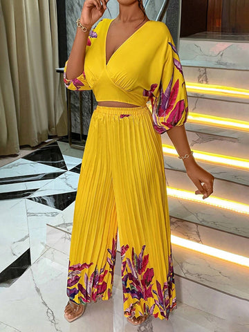 Women Vacation Style Floral Print Pleated Two-Piece Set