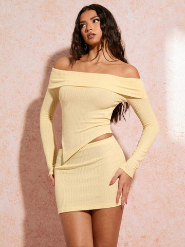 Women's 2pcs Light Yellow Asymmetric Off-Shoulder Top With Shorts, Perfect For Summer Beach Vacation, Date Or Travel