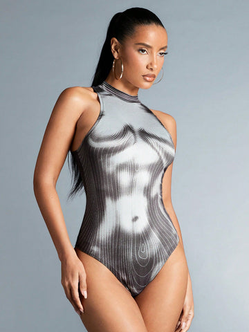 Women's 3d Printed Slim Fit Bodysuit