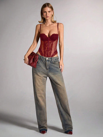 Women's A Spaghetti Strap Lace Patchwork Black Corset Top Sexy Bodysuit,Halloween Costumes,Cat Woman Costume