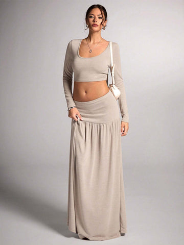 Women's Apricot Solid Color Casual Minimalist Warm Wool Blend Square Neck Cropped Long Sleeve T-Shirt And Super Long Ruched Low Waist Skirt 2-Piece Set, For Commuting And Leisure, Autumn