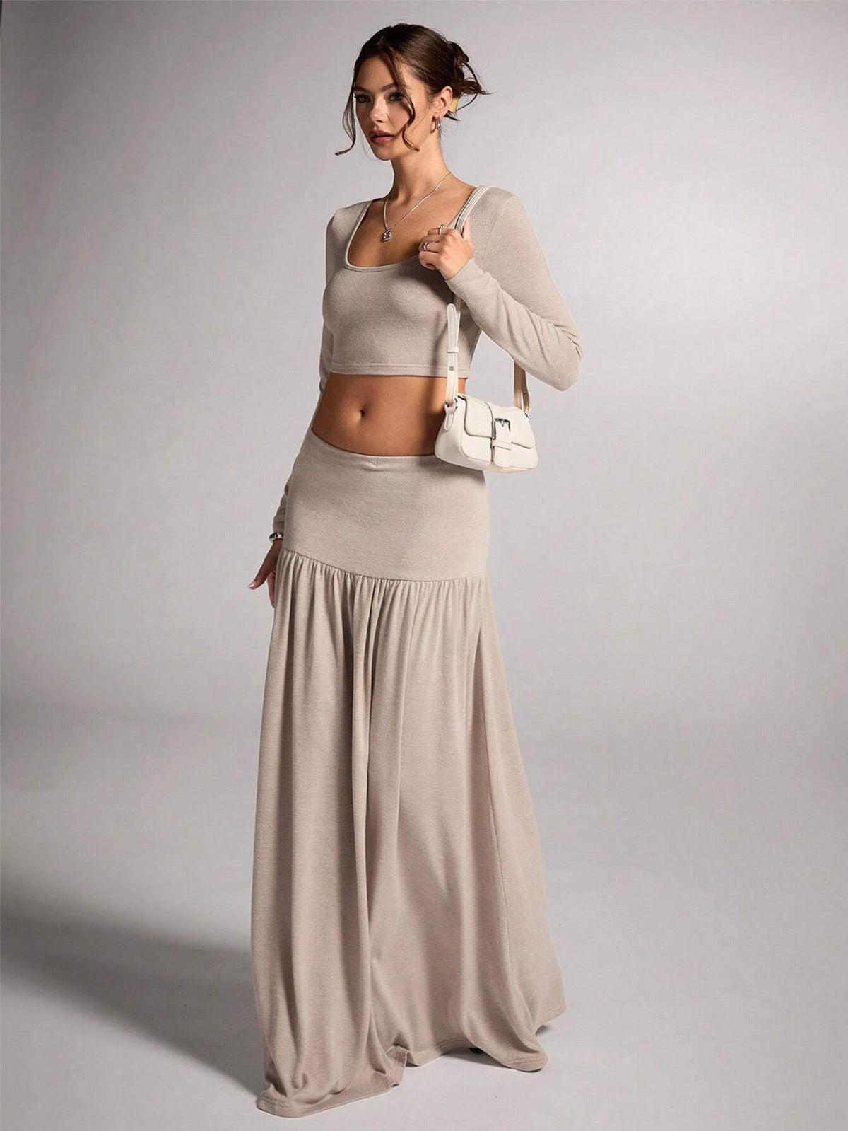 Women's Apricot Solid Color Casual Minimalist Warm Wool Blend Square Neck Cropped Long Sleeve T-Shirt And Super Long Ruched Low Waist Skirt 2-Piece Set, For Commuting And Leisure, Autumn