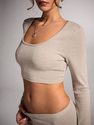 Women's Apricot Solid Color Casual Minimalist Warm Wool Blend Square Neck Cropped Long Sleeve T-Shirt And Super Long Ruched Low Waist Skirt 2-Piece Set, For Commuting And Leisure, Autumn