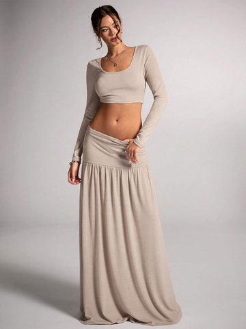 Women's Apricot Solid Color Casual Minimalist Warm Wool Blend Square Neck Cropped Long Sleeve T-Shirt And Super Long Ruched Low Waist Skirt 2-Piece Set, For Commuting And Leisure, Autumn