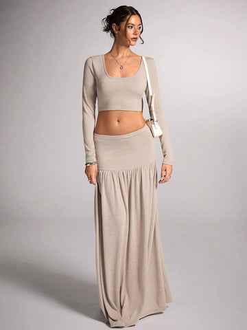 Women's Apricot Solid Color Casual Minimalist Warm Wool Blend Square Neck Cropped Long Sleeve T-Shirt And Super Long Ruched Low Waist Skirt 2-Piece Set, For Commuting And Leisure, Autumn