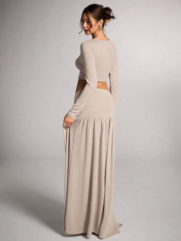 Women's Apricot Solid Color Casual Minimalist Warm Wool Blend Square Neck Cropped Long Sleeve T-Shirt And Super Long Ruched Low Waist Skirt 2-Piece Set, For Commuting And Leisure, Autumn