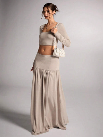 Women's Apricot Solid Color Casual Minimalist Warm Wool Blend Square Neck Cropped Long Sleeve T-Shirt And Super Long Ruched Low Waist Skirt 2-Piece Set, For Commuting And Leisure, Autumn