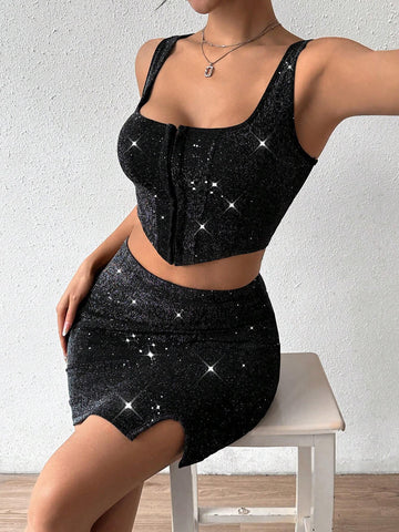 Women's Asymmetric Collar & Hem Top And High Waist A-Line Skirt Two Piece Set