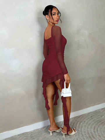 Women's Asymmetric Hem Ruched Chiffon Bustier Dress, Long Sleeve Elegant For Dating, Gala, Par