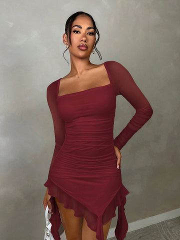 Women's Asymmetric Hem Ruched Chiffon Bustier Dress, Long Sleeve Elegant For Dating, Gala, Par