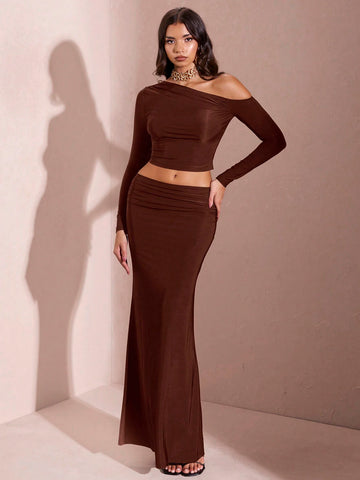 Women's Solid Color Asymmetric Neckline Long Sleeve Pleated Top + Long Skirt Set