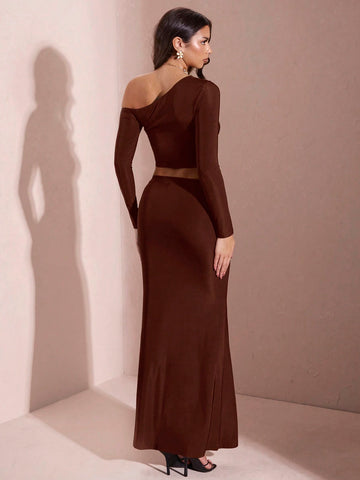 Women's Solid Color Asymmetric Neckline Long Sleeve Pleated Top + Long Skirt Set