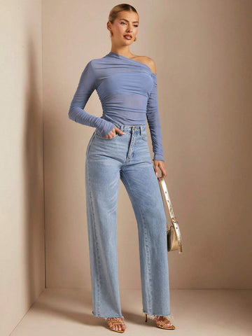 Women's Asymmetrical Collar Ruched Perspective Tight T-Shirt