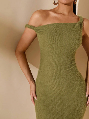 Women's Asymmetrical Neck Fitted Solid Color Dress, Fleece Fabric, Autumn/Winter