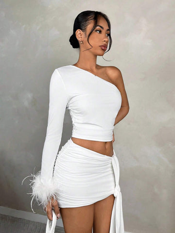 Women's Asymmetrical Neck Ruching Daily Casual & Night Club Party Asymmetric Feather Patchwork Long Sleeve T-Shirt & Low Waist Ruched Draped Skirt 2-Piece Set