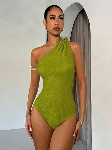 Women's Asymmetrical Neck Texture Tight Bodysuit