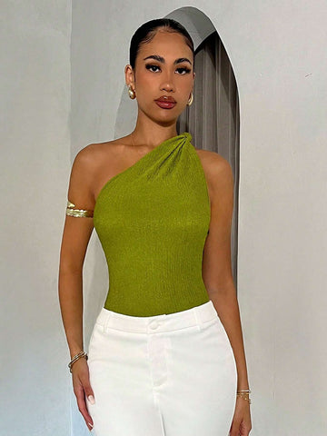 Women's Asymmetrical Neck Texture Tight Bodysuit