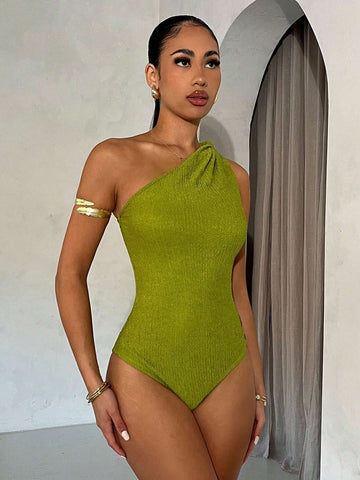 Women's Asymmetrical Neck Texture Tight Bodysuit