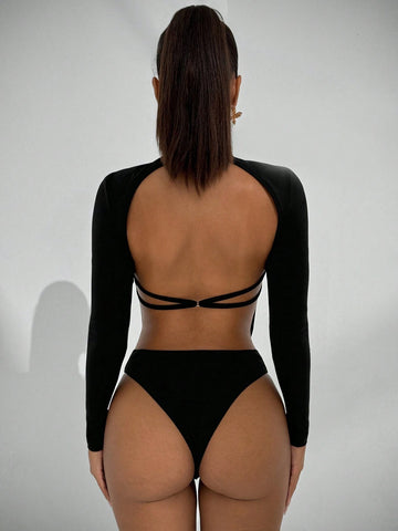 Women's Autumn Minimalist Versatile Bodysuit, Stand Collar Long Sleeve Backless Slim Fit Daily Casual/Date Outfit, Black