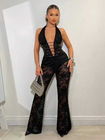 Women's Black Lace Jumpsuit, Sleeveless, Backless, See-Through, Perfect For Concerts And Music Festivals, Summer Clothing
