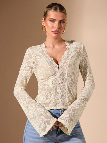 BAE Women's Black Long Sleeve Top, Sexy Deep V-Neck Lace Flare Sleeve Sheer Simple Elegant