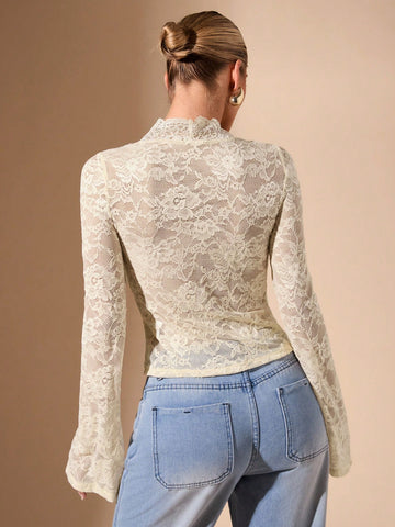 BAE Women's Black Long Sleeve Top, Sexy Deep V-Neck Lace Flare Sleeve Sheer Simple Elegant