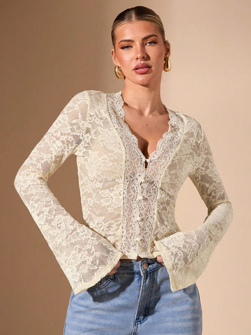 BAE Women's Black Long Sleeve Top, Sexy Deep V-Neck Lace Flare Sleeve Sheer Simple Elegant